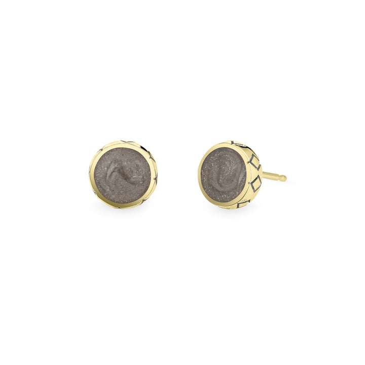 Pictured here are close by me jewelry's 14K Yellow Gold Detailed Circle Stud Cremains Earrings from the front