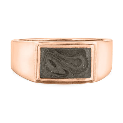 Pictured here is close by me jewelry's Men's Detailed Rectangle Cremation Ring in 14K Rose Gold from the front