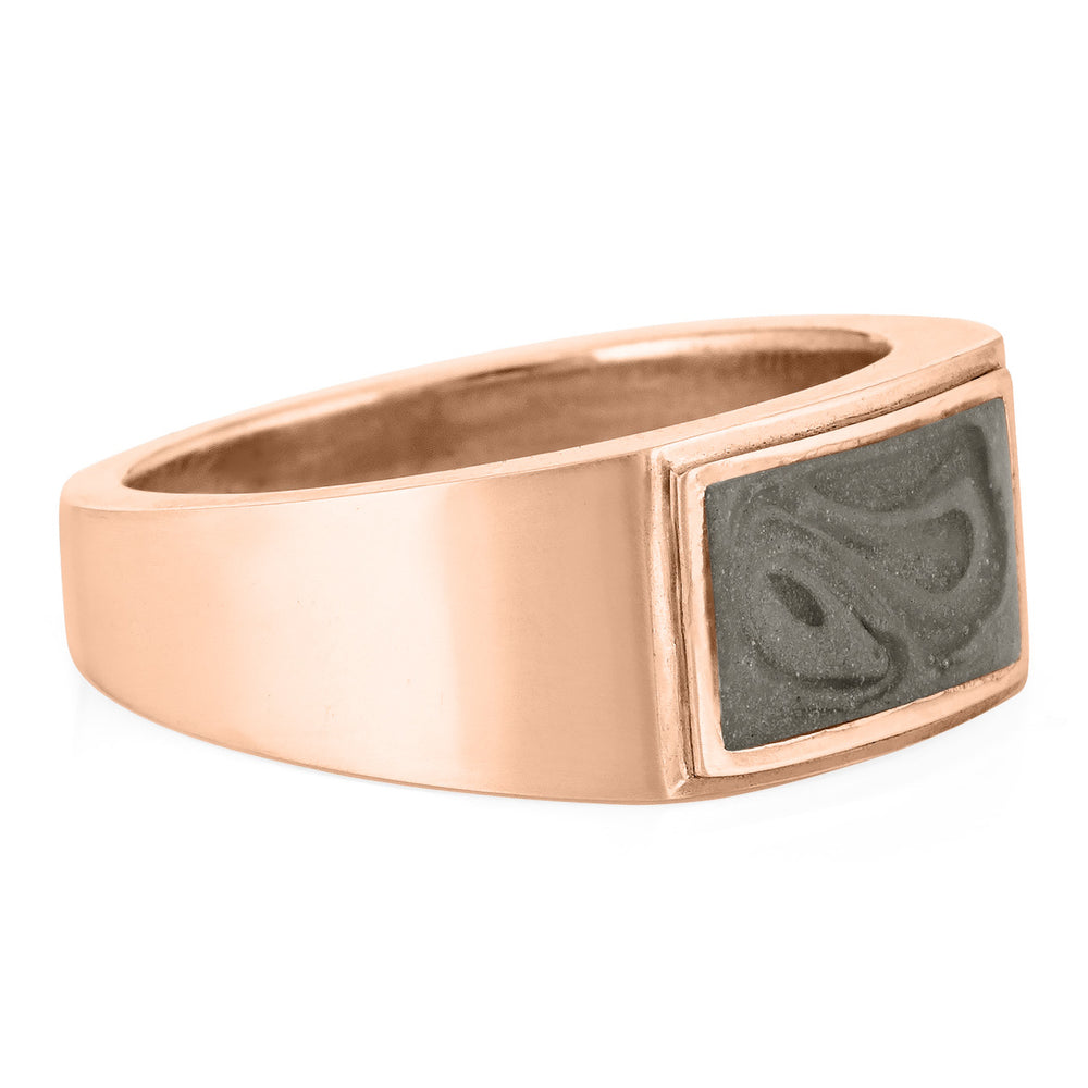 Pictured here is close by me jewelry's Men's Detailed Rectangle Cremation Ring in 14K Rose Gold from the side