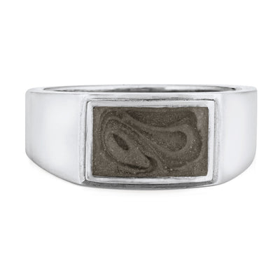 Pictured here is close by me jewelry's Men's Detailed Rectangle Cremation Ring in 14K White Gold from the front