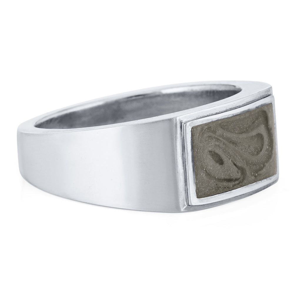 Pictured here is close by me jewelry's Men's Detailed Rectangle Cremation Ring in 14K White Gold from the side
