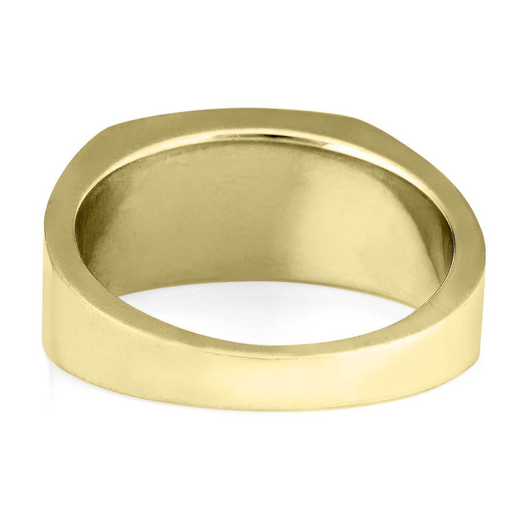 This photo shows the 14K Yellow Gold Men's Cremains Ring with a detailed Rectangle Setting from the back