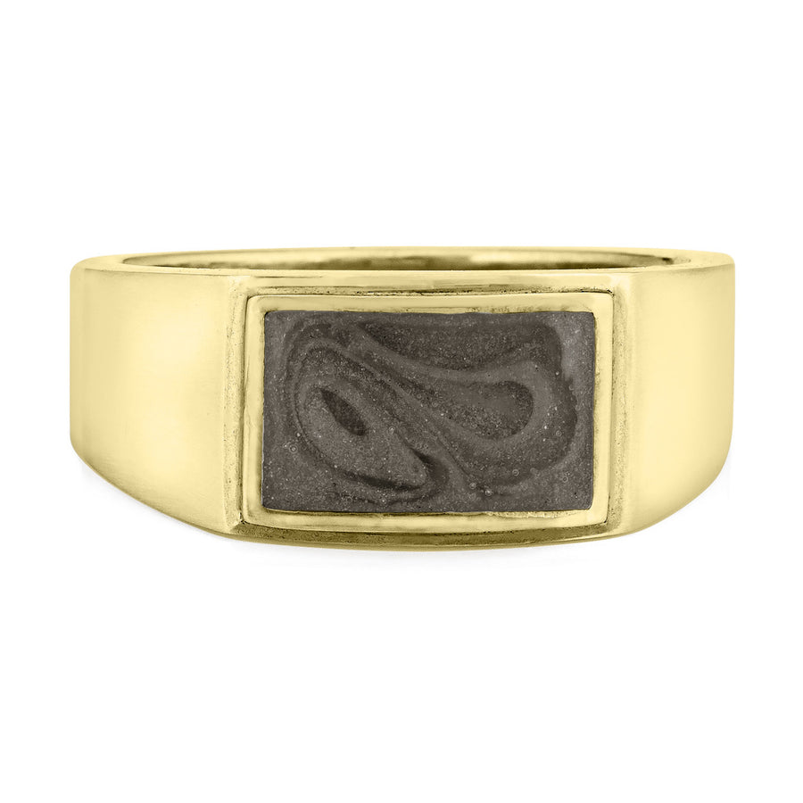 This photo shows the 14K Yellow Gold Men's Cremains Ring with a detailed Rectangle Setting from the front
