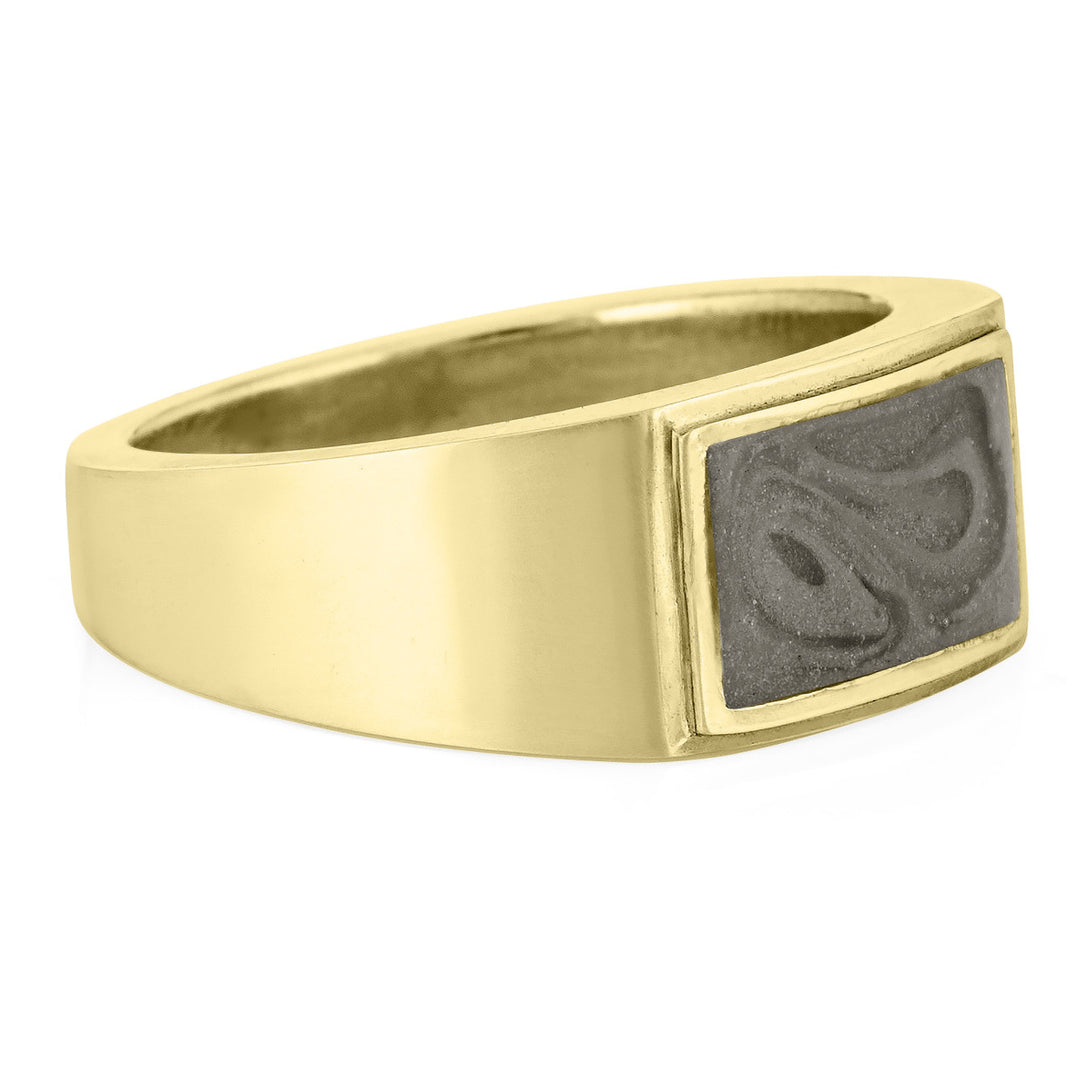 This photo shows the 14K Yellow Gold Men's Cremains Ring with a detailed Rectangle Setting from the side