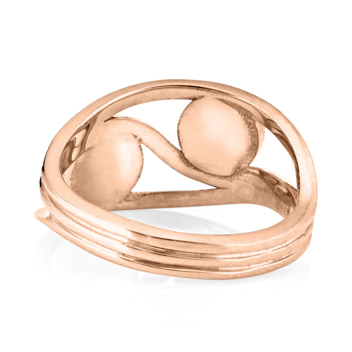 Pictured here is close by me jewelry's 14K Rose Gold Double Setting Ashes Ring design from the back to show the backs of the settings and inside of the band