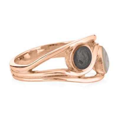 Pictured here is close by me jewelry's 14K Rose Gold Double Setting Ashes Ring design from the side to show the thickness of the metal