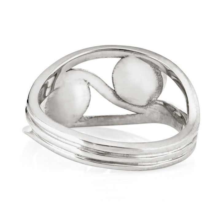 Pictured here is close by me jewelry's Sterling Silver Ashes Double Setting Ring from the back to show the inside of the band and back of each setting