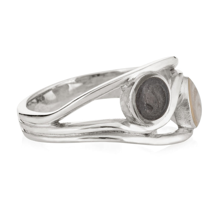 Pictured here is close by me jewelry's Sterling Silver Ashes Double Setting Ring from the side to show the thickness of the metal