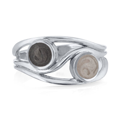 Pictured here is the 14K White Gold Double-Setting Cremation Ring by close by me jewelry from the front to show its two differently colored ashes settings