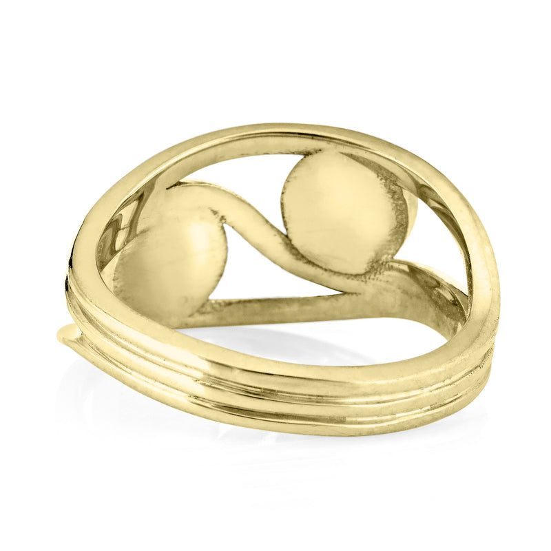 Pictured here is the Double Setting Ashes Ring design in 14K Yellow Gold by close by me jewelry from the back to show the inside of the band and backs of each setting