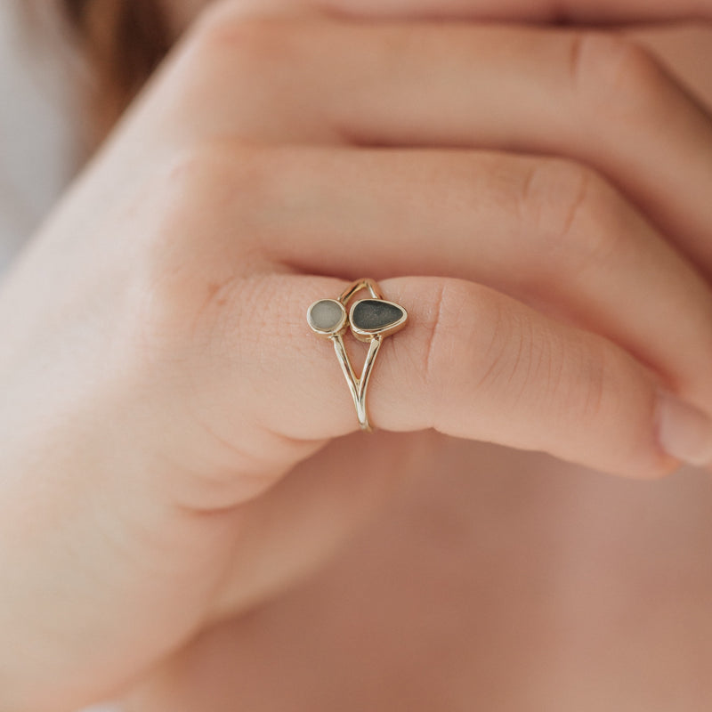 This photo shows a close up of the 14K Yellow Gold Double Setting Split Shank Ashes Ring on a model&