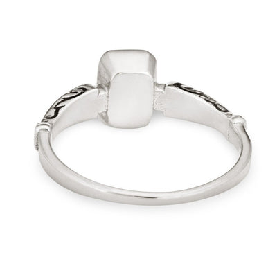 This photo shows the Sterling Silver Emerald Setting Ashes Ring design by close by me jewelry from the back