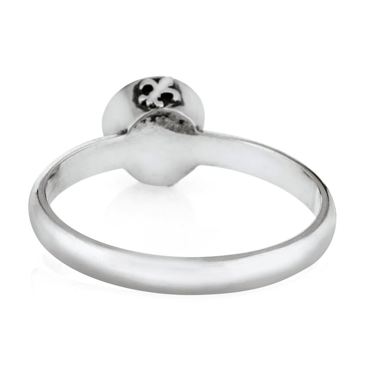 Pictured here is the Fleur de Lis Cremation Ring for ashes in 14K White Gold from the back