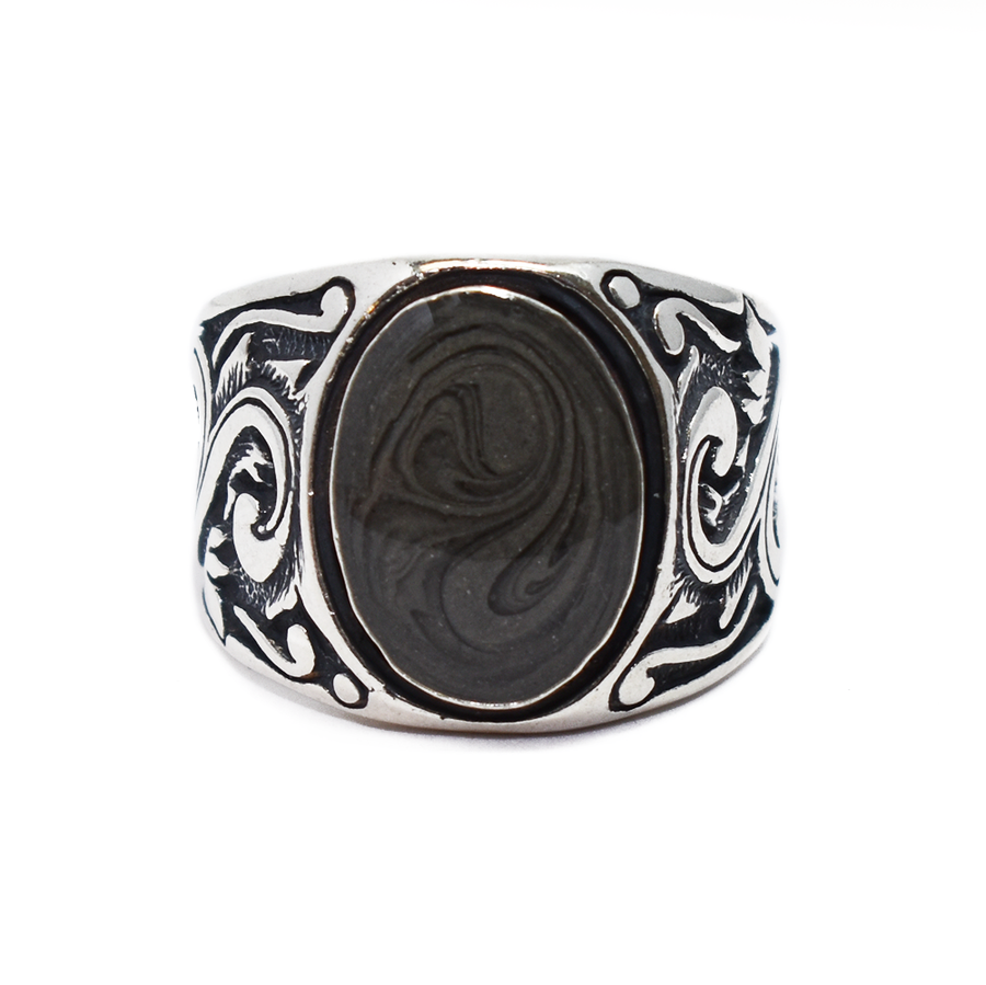 Pictured here is the close by me jewelry's Floral Art Deco Band Cremation Ring in Sterling Silver from the front to show its dark gray ashes setting