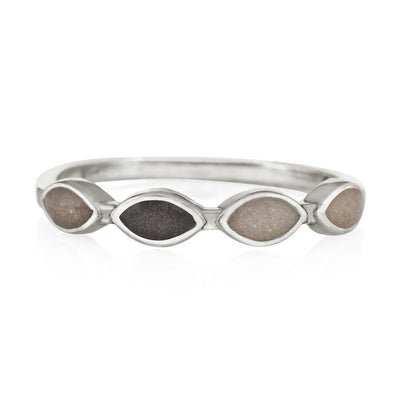 This photo shows the Sterling Silver Four Setting Ashes Ring by close by me jewelry from the front to show the multi-colored ashes settings