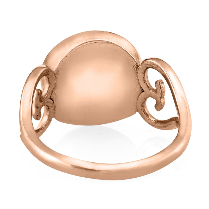 Pictured here is a back view of the Heart Filigree Band Ring Design by close by me in 14K Rose Gold