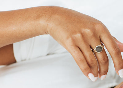 This photo shows the Heart Filigree Band Ring in 14K Yellow Gold on a model's hand