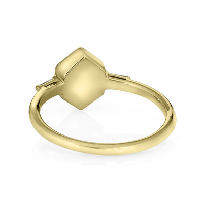Pictured here is close by me jewelry's Hexagon White Baguette Diamond Band Ashes Ring in 14K Yellow Gold from the back to show the back of its setting and band detail