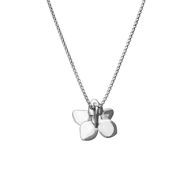 Pictured here is the Sterling Silver Ashes Necklace shaped like a hydrangea flower, designed by close by me jewelry, from the back
