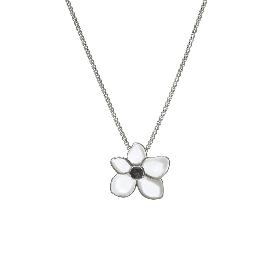 Pictured here is the Sterling Silver Ashes Necklace shaped like a hydrangea flower, designed by close by me jewelry, from the front