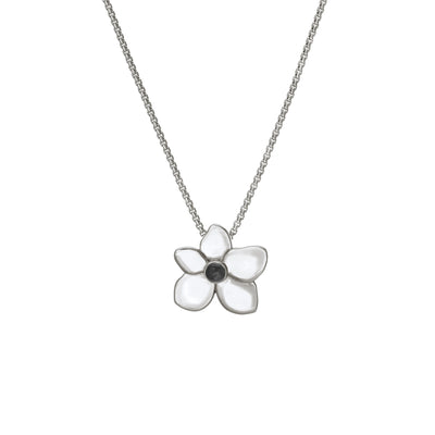 Pictured here is the Sterling Silver Ashes Necklace shaped like a hydrangea flower, designed by close by me jewelry, from the front