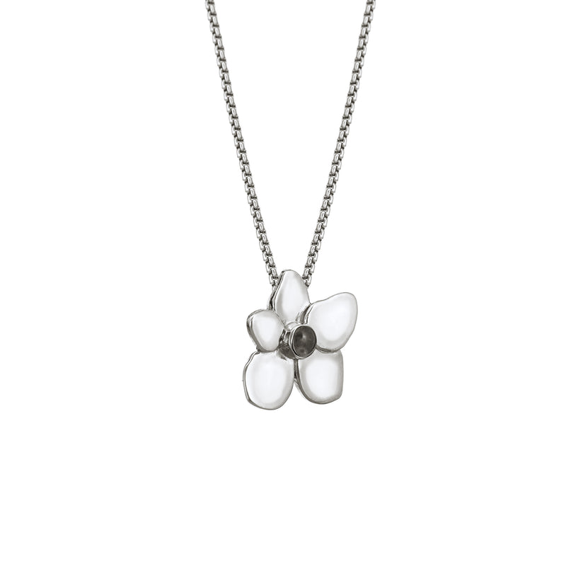 Pictured here is the Sterling Silver Ashes Necklace shaped like a hydrangea flower, designed by close by me jewelry, from the side
