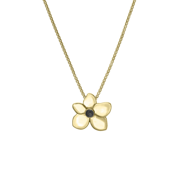 This photo shows the 14K Yellow Gold Hydrangea Ashes Pendant designed by close by me jewelry from the front