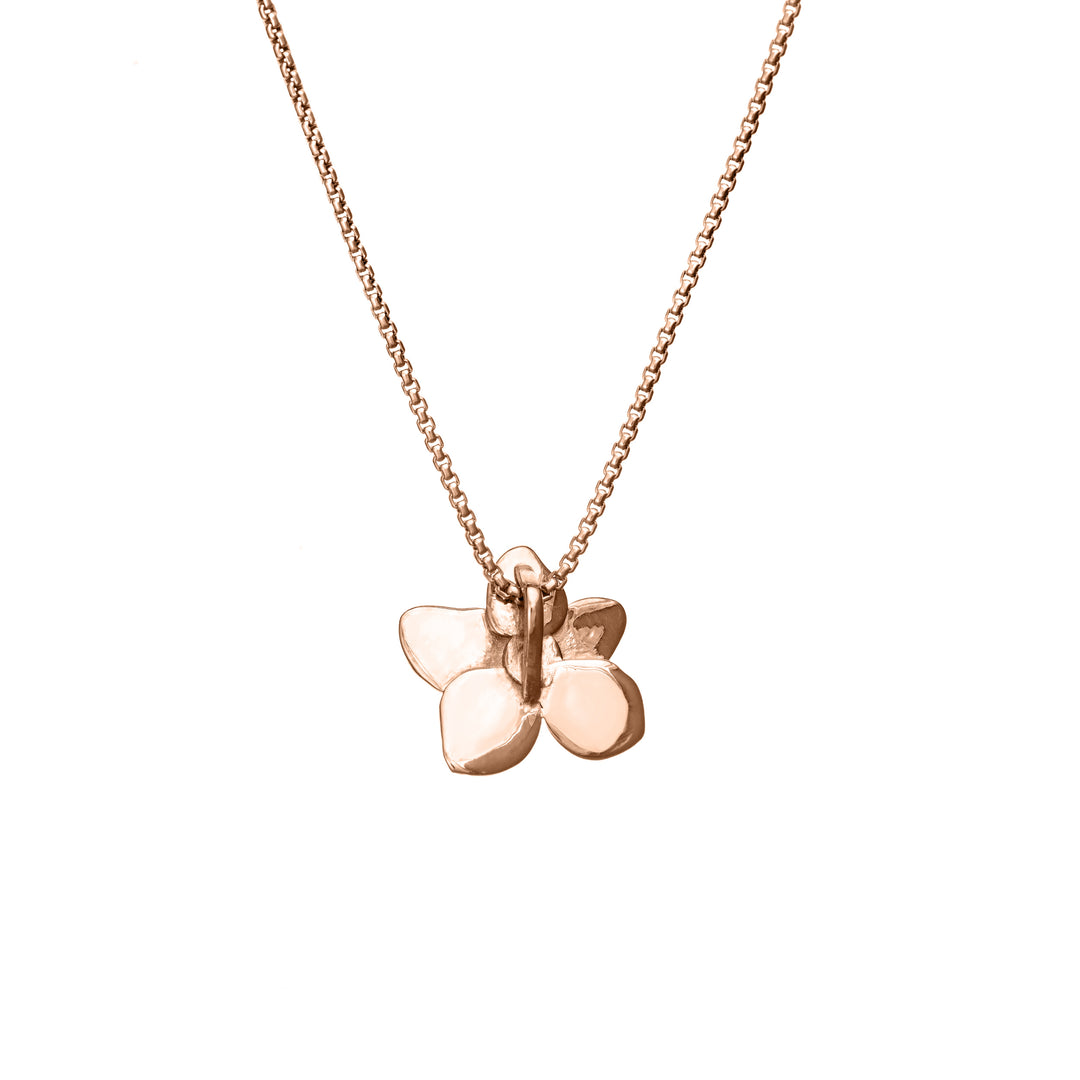 This photo shows the Hydrangea Flower Pendant with ashes designed by close by me jewelry in 14K Rose Gold from the back