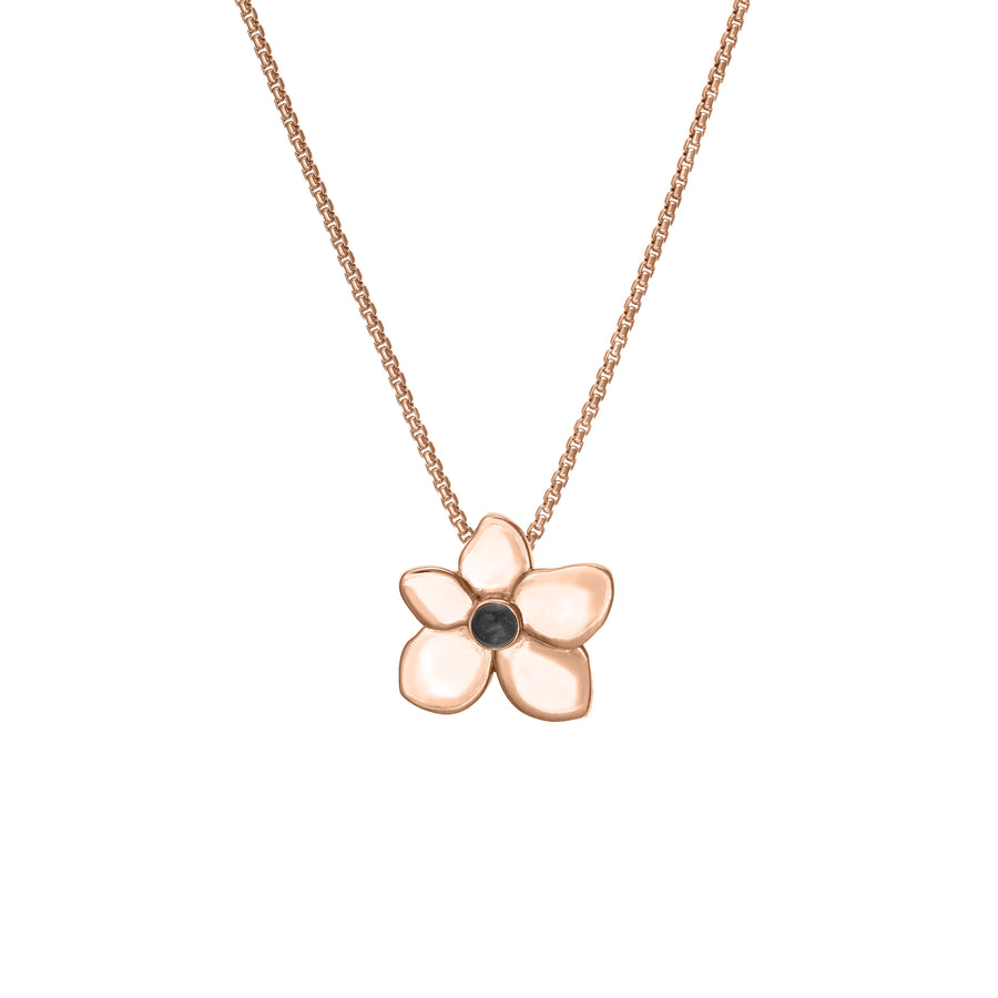 This photo shows the Hydrangea Flower Pendant with ashes designed by close by me jewelry in 14K Rose Gold from the front
