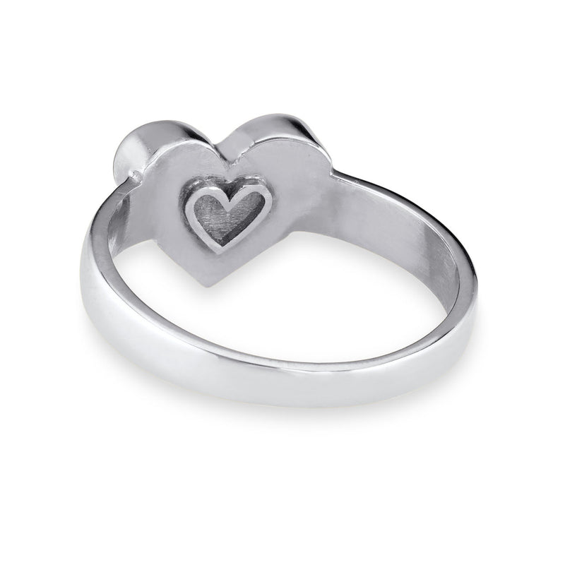 Pictured here is the Imprint Heart Ring in 14K White Gold by close by me jewelry from the back to show its wide band and the heart outline on the back of the bezel