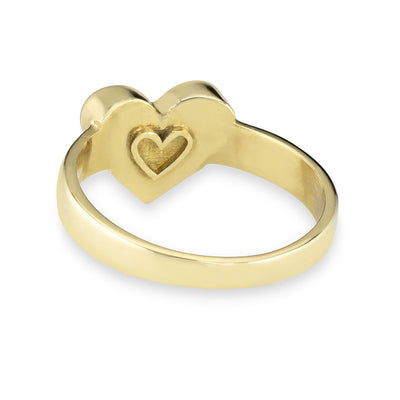 Pictured here is close by me jewelry's 14K Yellow Gold Imprint Heart Cremation Ring design from the back to show its wide band and heart outline on the back of the bezel
