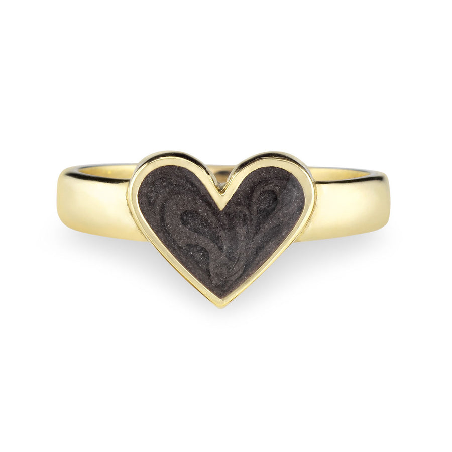 Pictured here is close by me jewelry's 14K Yellow Gold Imprint Heart Cremation Ring design from the front to show its dark grey cremation setting