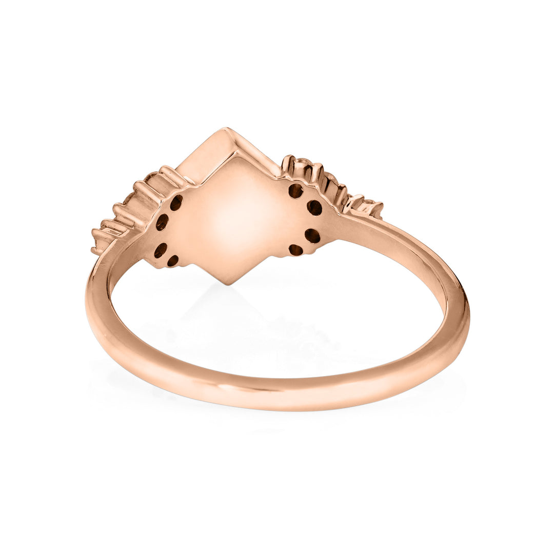 Pictured here is close by me's 14K Rose Gold and Champagne Diamond Kite Setting Cluster Ring from the back