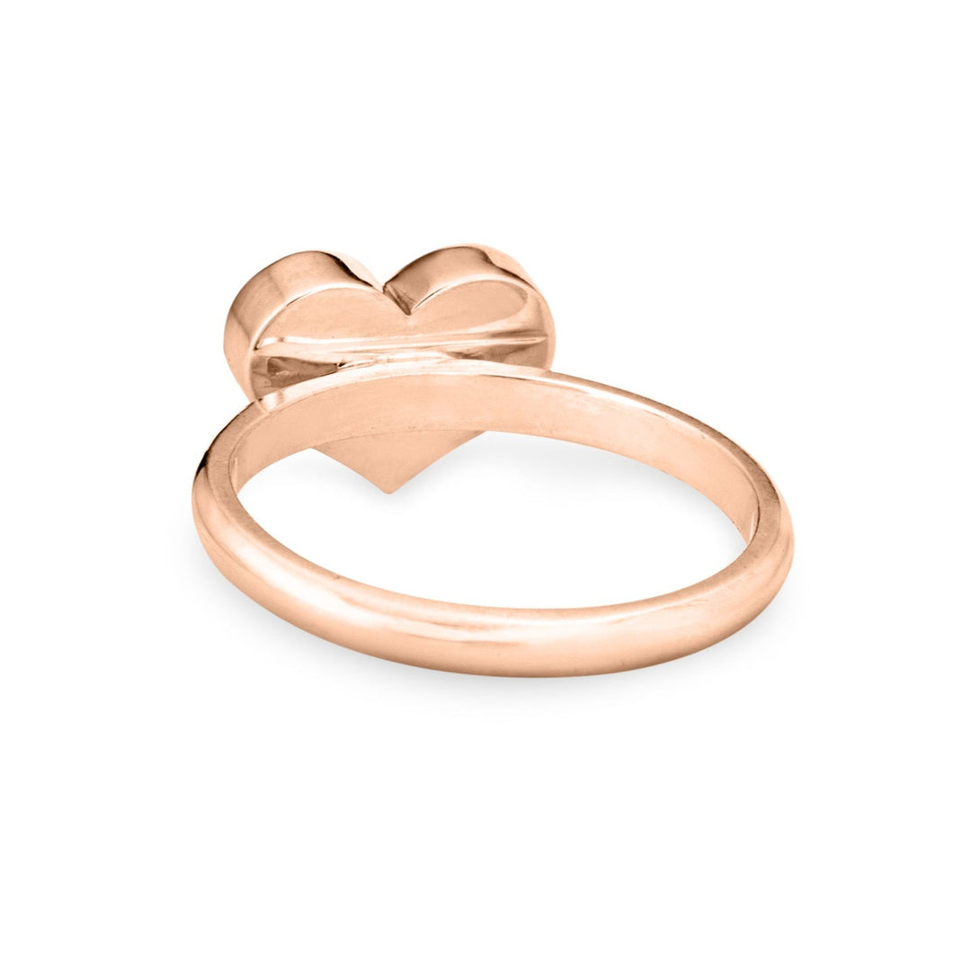 Pictured here is the 14K Rose Gold Large Heart Stacking Cremation Ring by close by me jewelry from the back