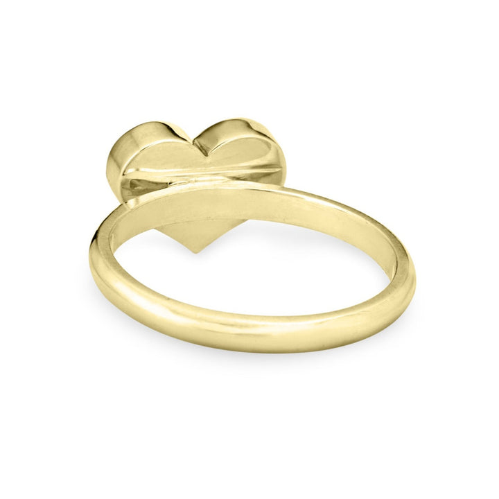 Pictured here is close by me jewelry's Large Heart Stacking Cremation Ring design in 14K Yellow Gold from the back, showing the stacking band