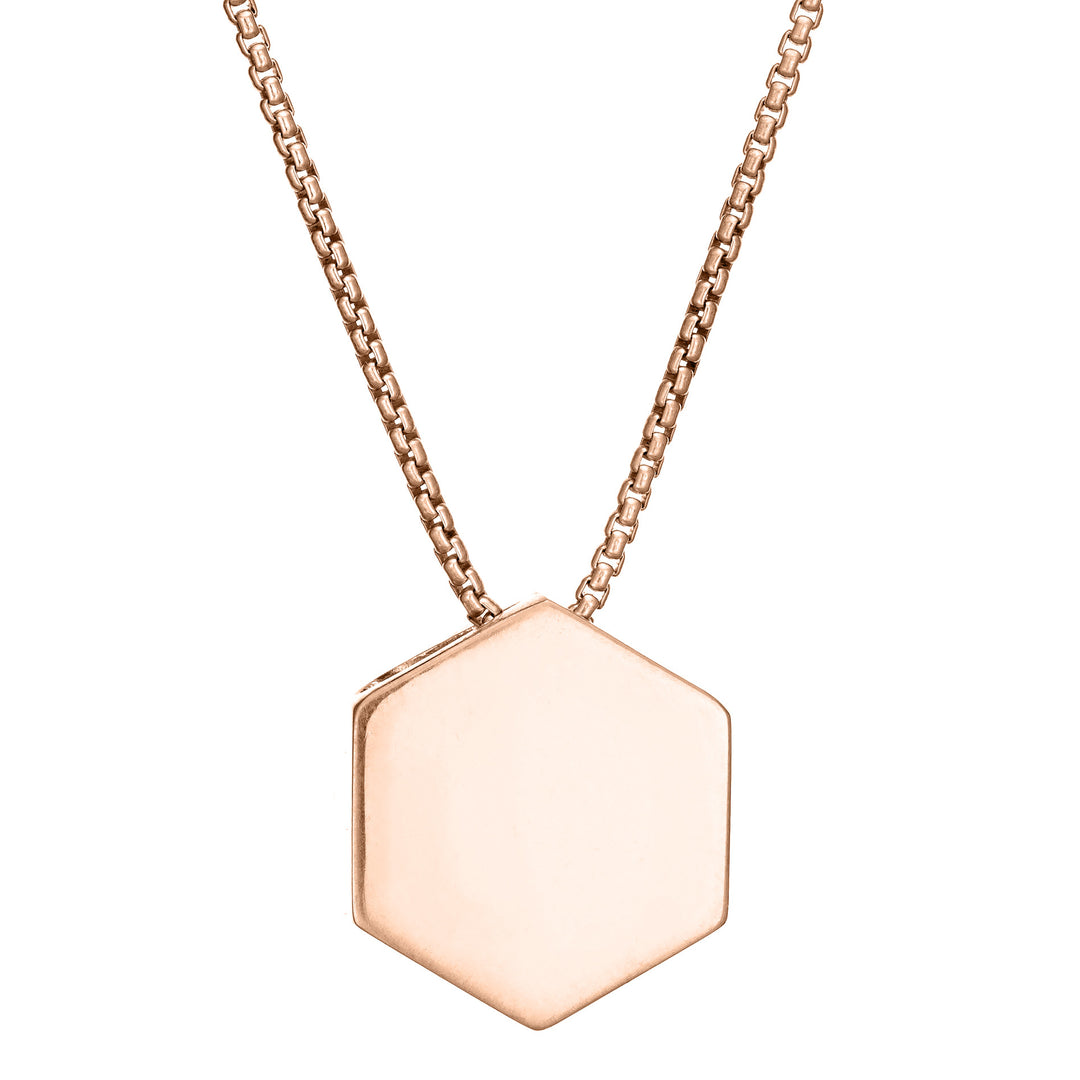 Pictured here is a back view of close by me's Large Hexagon Sliding Pendant in 14K Rose Gold