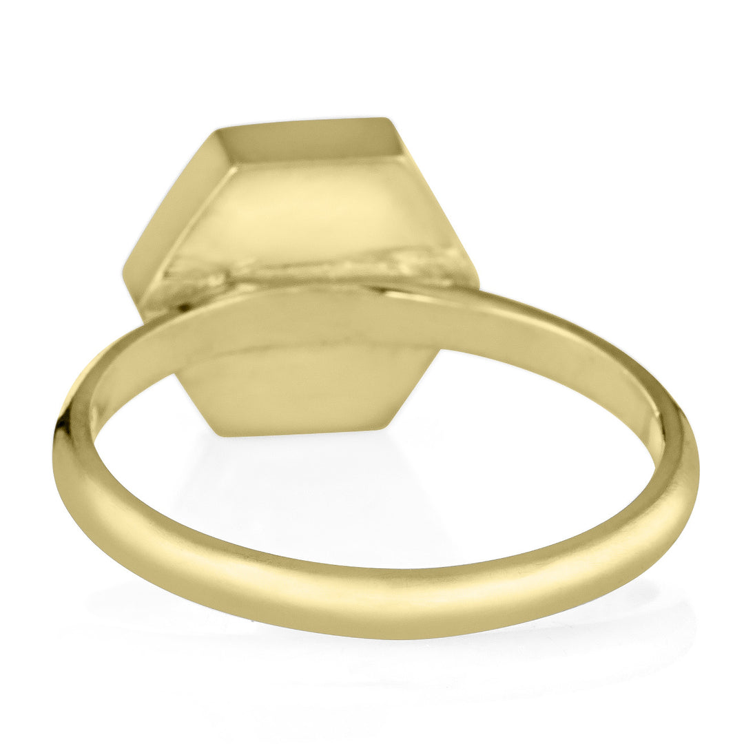 This photo shows the 14K Yellow Gold Ashes Ring with a Large Hexagon Setting designed by close by me jewelry from the back
