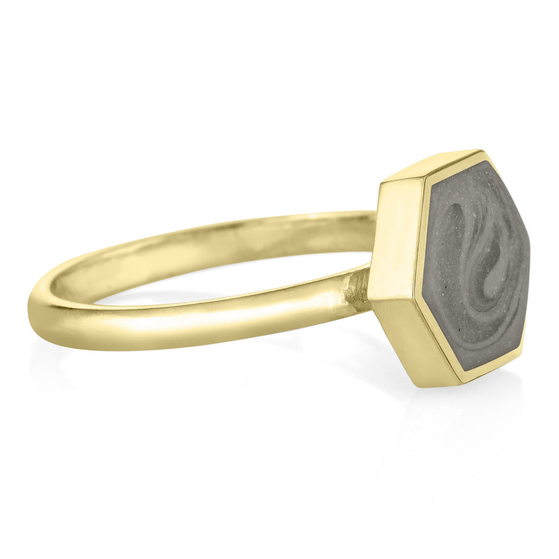 This photo shows the 14K Yellow Gold Ashes Ring with a Large Hexagon Setting designed by close by me jewelry from the side