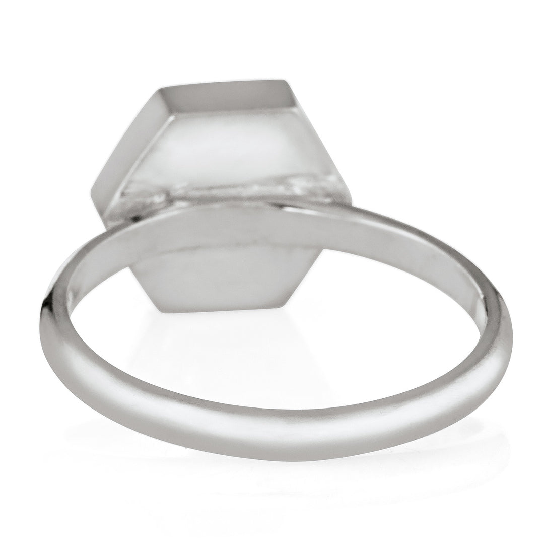 Pictured here is the 14K White Gold Large Hexagon Ring design by close by me from the backl