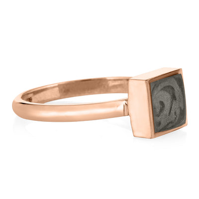 Pictured here is close by me jewelry's Large Square Stacking Ring with ashes in 14K Rose Gold from the side