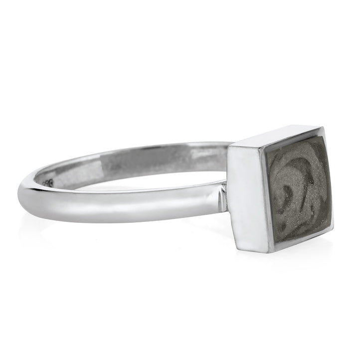This picture shows the Large Square Stacking Cremation Ring design by close by me jewelry in 14K White Gold from the side
