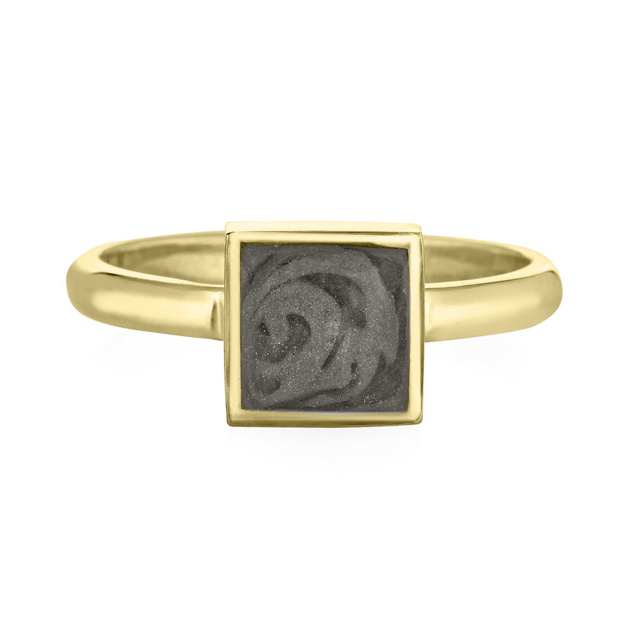 This photo shows the 14K Yellow Gold Large Square Stacking Cremains Ring designed by close by me jewelry from the front
