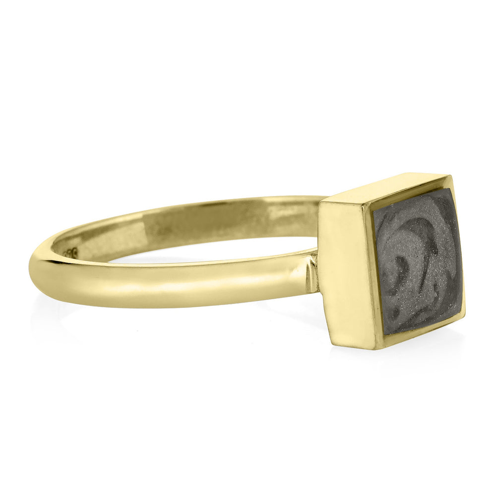 This photo shows the 14K Yellow Gold Large Square Stacking Cremains Ring designed by close by me jewelry from the side