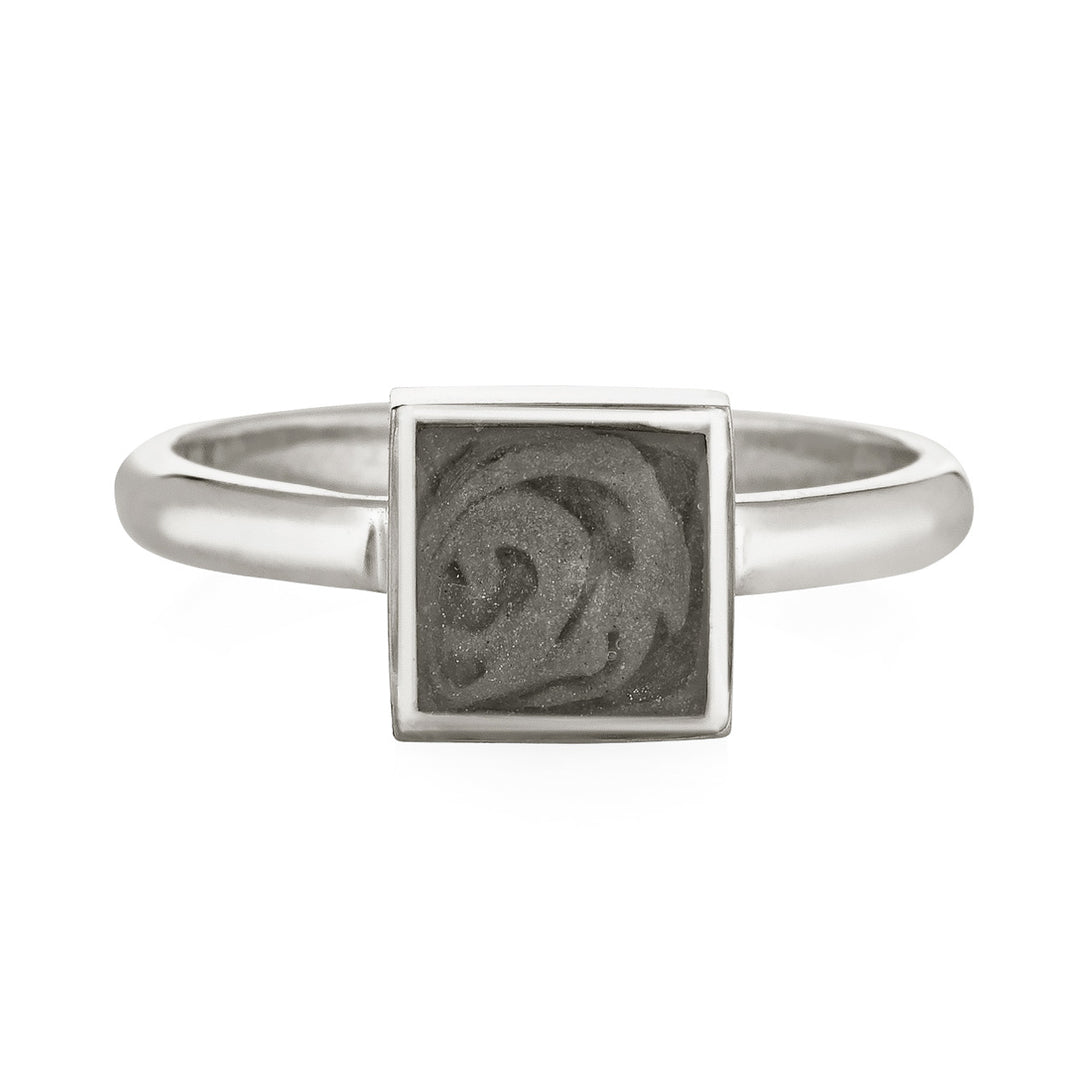 This photo shows the Sterling Silver Large Square Cremation Ring design by close by me jewelry from the front
