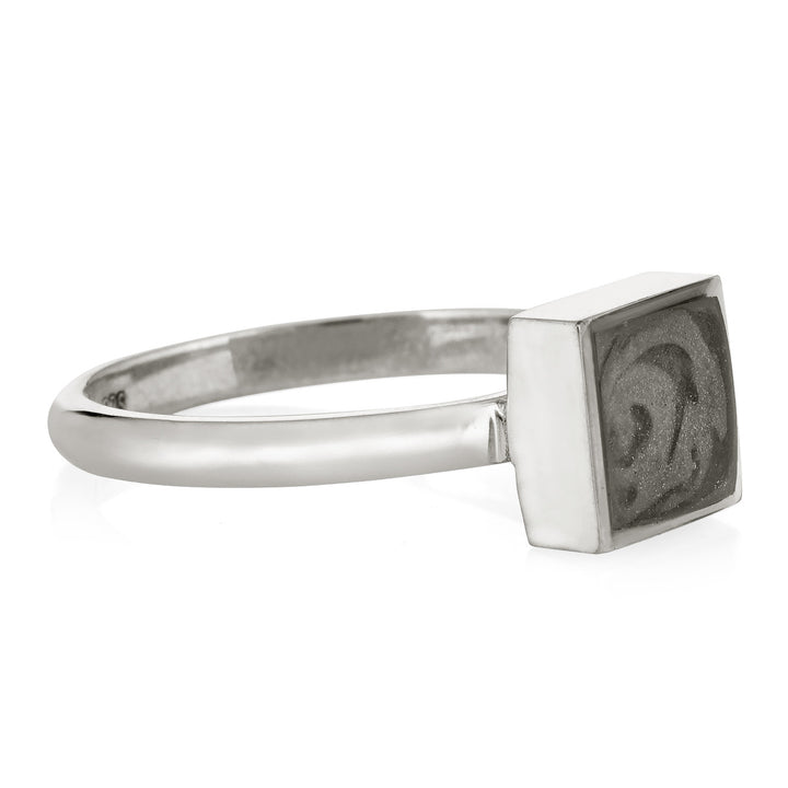 This photo shows the Sterling Silver Large Square Cremation Ring design by close by me jewelry from the side