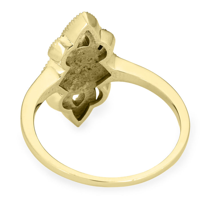 Pictured here is a close-up back view of Close By Me Jewelry's vintage-style World War II Cremation Ring in 14K Yellow Gold set against a solid white background. This version of the ring has a larger oval bezel (not shown) containing solidified cremated remains.