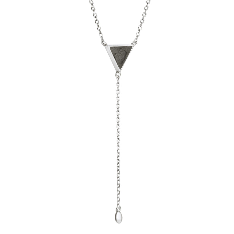 Pictured here is the Lariat Cremation Necklace design in Sterling Silver by close by me jewelry from the side to show its dark gray cremation setting and thickness of its bezel