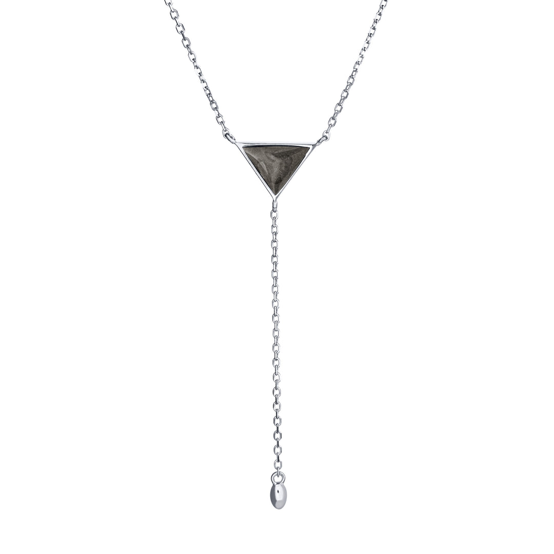Pictured here is the Lariat Cremation Necklace design in 14K White Gold by close by me jewelry from the front to show its dark gray ashes setting and detailing