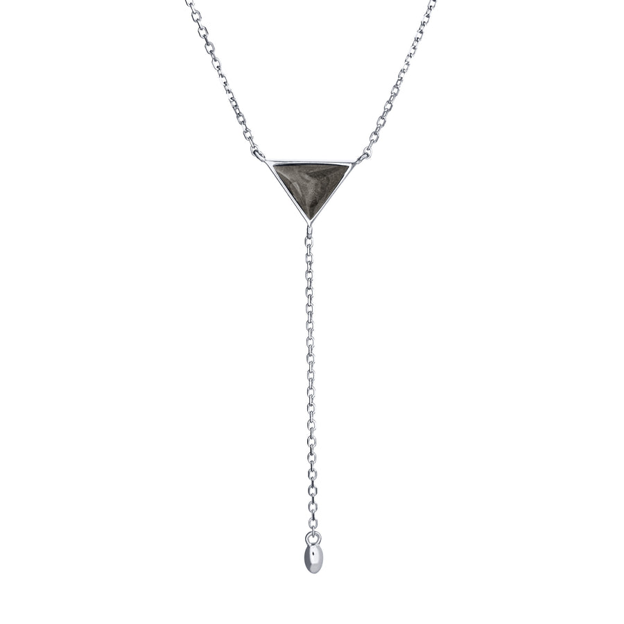 Pictured here is the Lariat Cremation Necklace design in 14K White Gold by close by me jewelry from the front to show its dark gray ashes setting and detailing