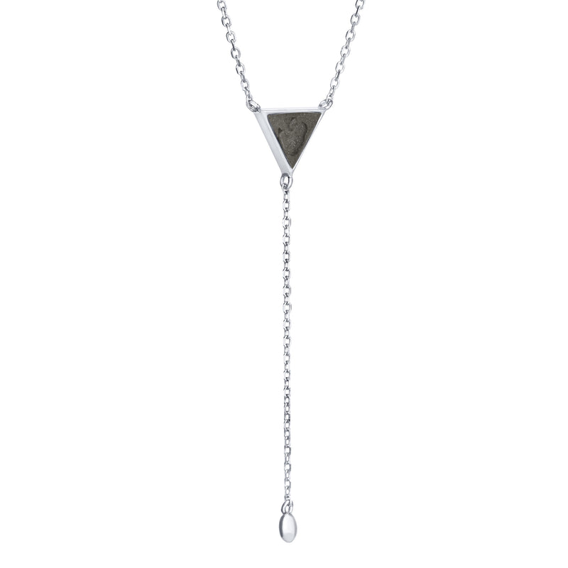 Pictured here is the Lariat Cremation Necklace design in 14K White Gold by close by me jewelry from the side to show the thickness of its bezel and its dark gray setting